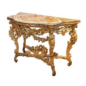 Roman Console Table With A Top Made Of Chalcedony Marble And Green Alpine Pallino Marble