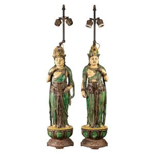 Pair Of Lamps Depicting Bodhisattvas