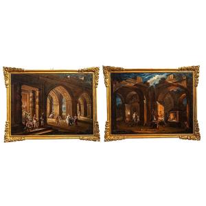 Paire de tableaux d'architecture avec scènes de genre - Francesco Monti