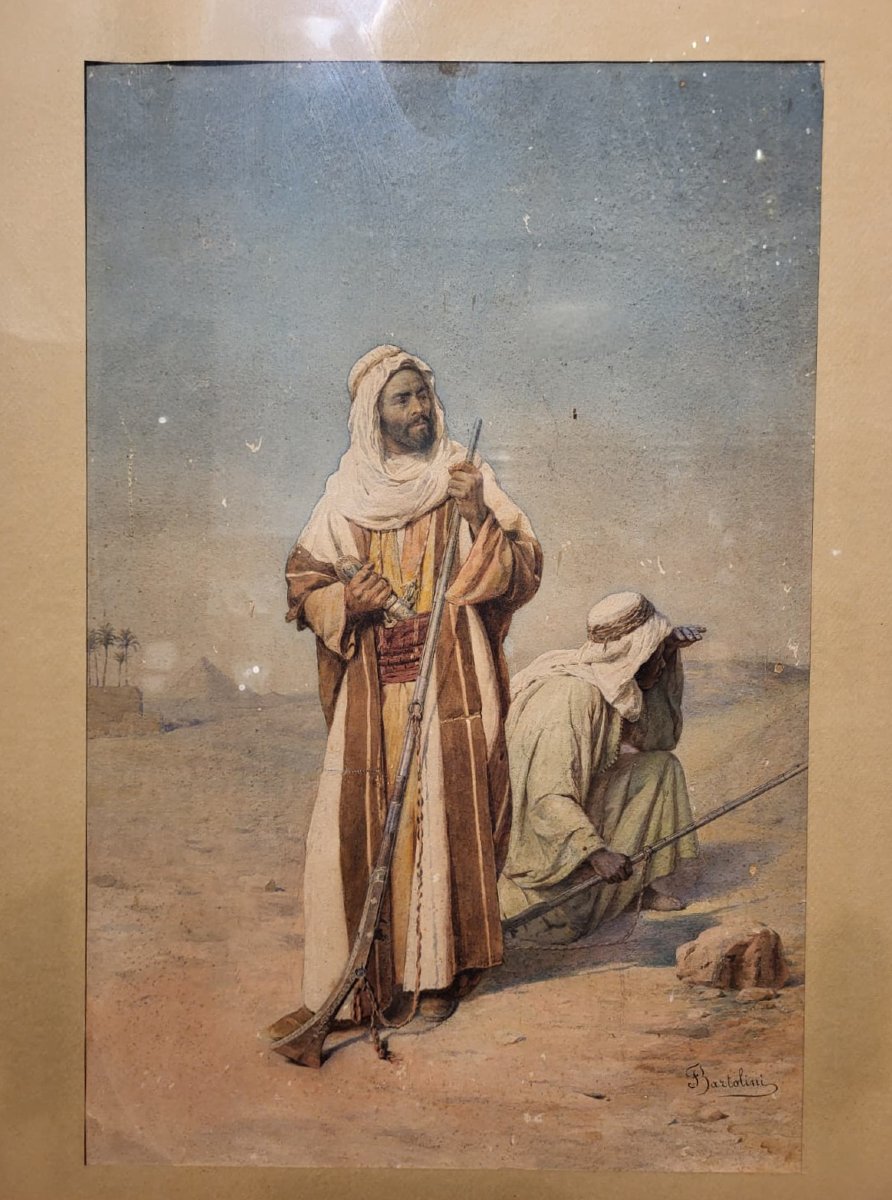 Peinture orientaliste à l’aquarelle, signé F. Bartolini. Environ 1880. -photo-2