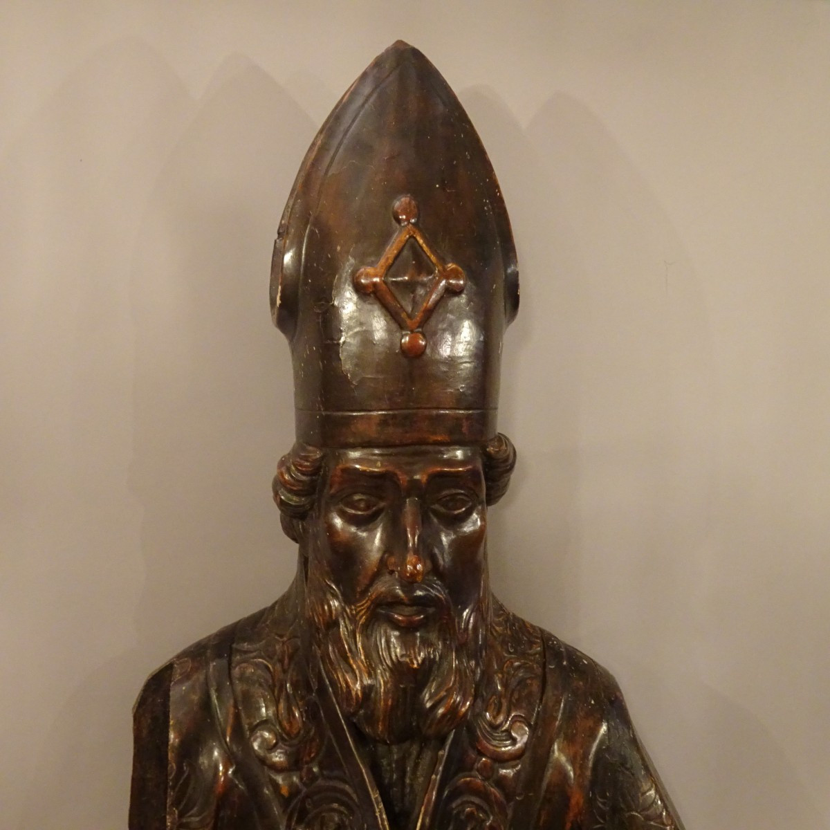 Buste d'évêque En Bois Argenté, XVIIe Siècle-photo-2