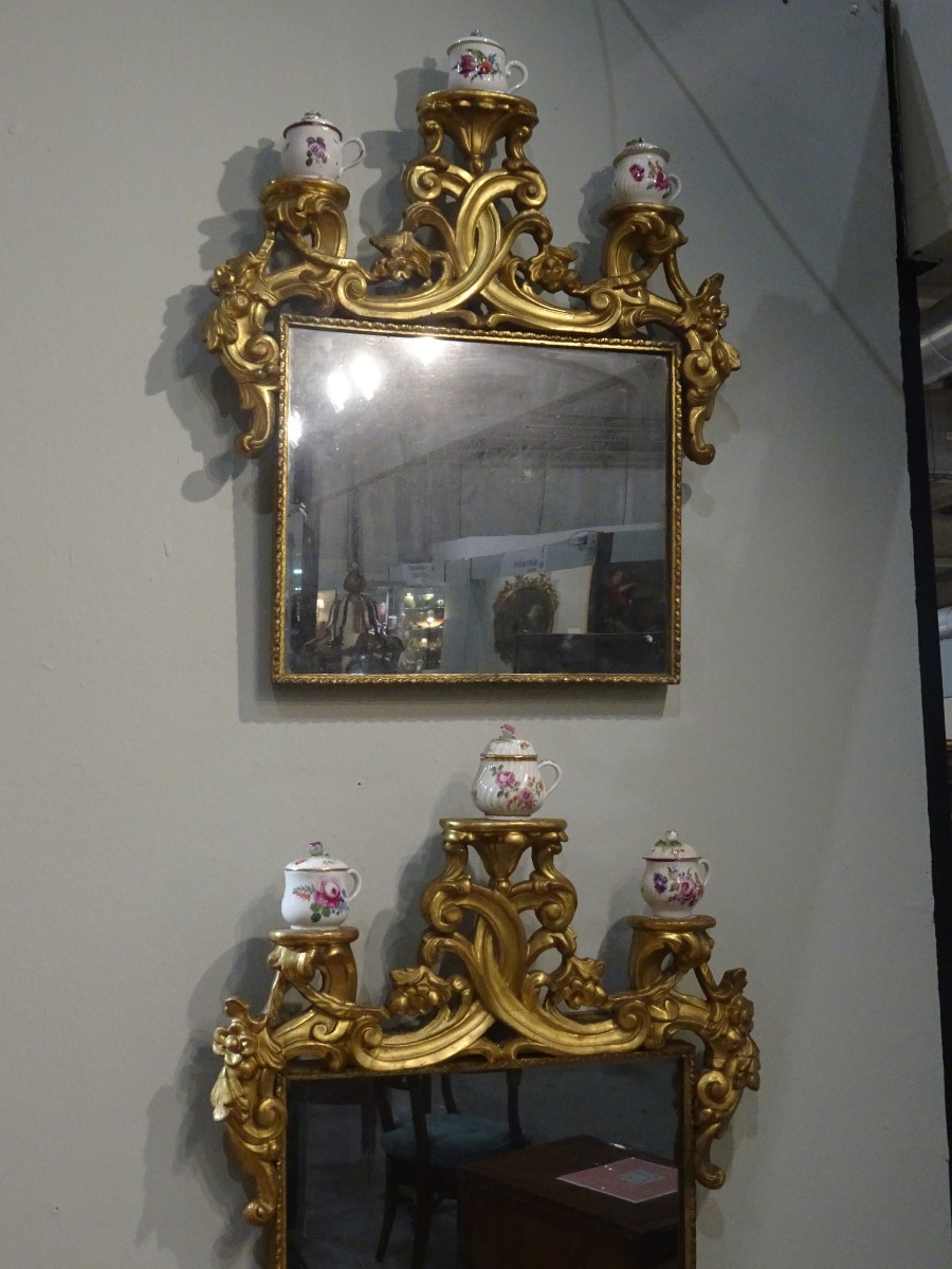 18th-century Gilded Wooden Mirrors With Shelves For Porcelain-photo-2