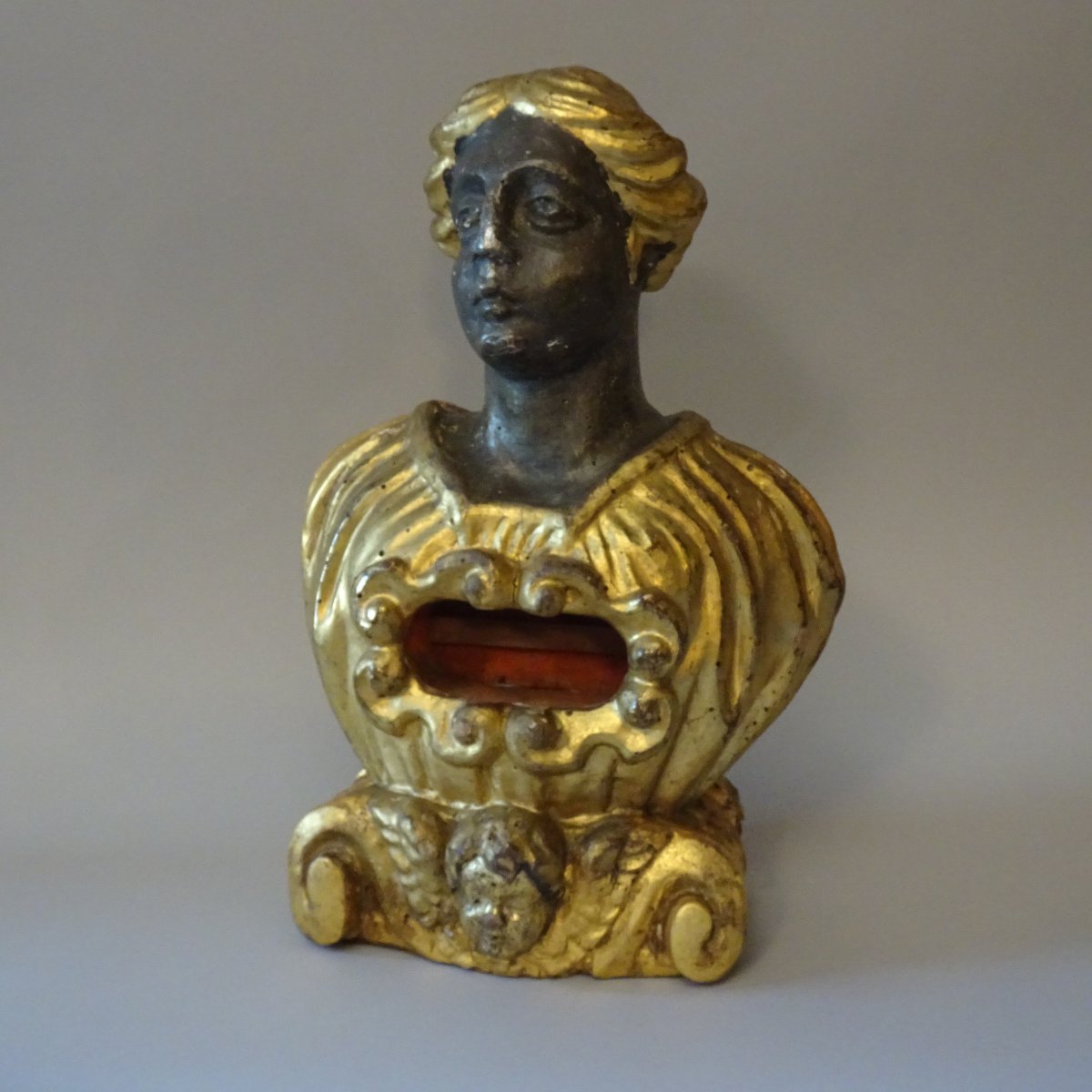 Buste-reliquaire en bois doré, XVIIIe siècle-photo-2