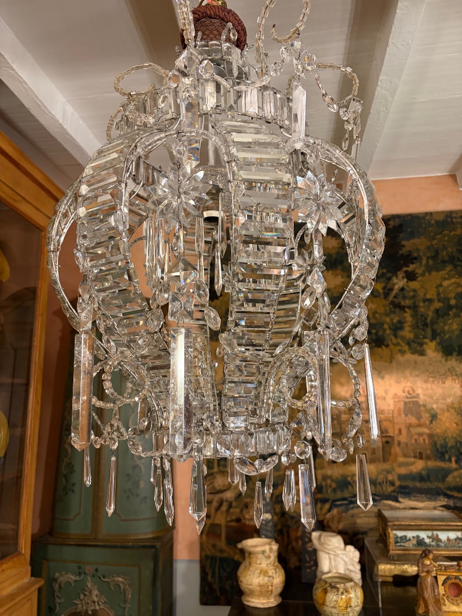 Lustre montgolfière à cristaux taillés, début du XXe siècle