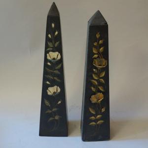 Obelisks Made Of Lavagana With Inlays Of Semi-precious Stone And Mother-of-pearl