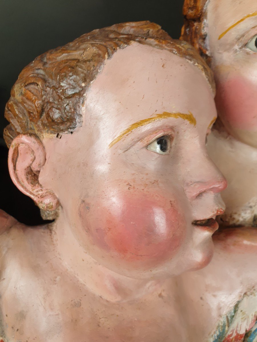 Sculpture  Napolitaine En Bois Du XVIIIe Siècle d'Angelots-photo-2