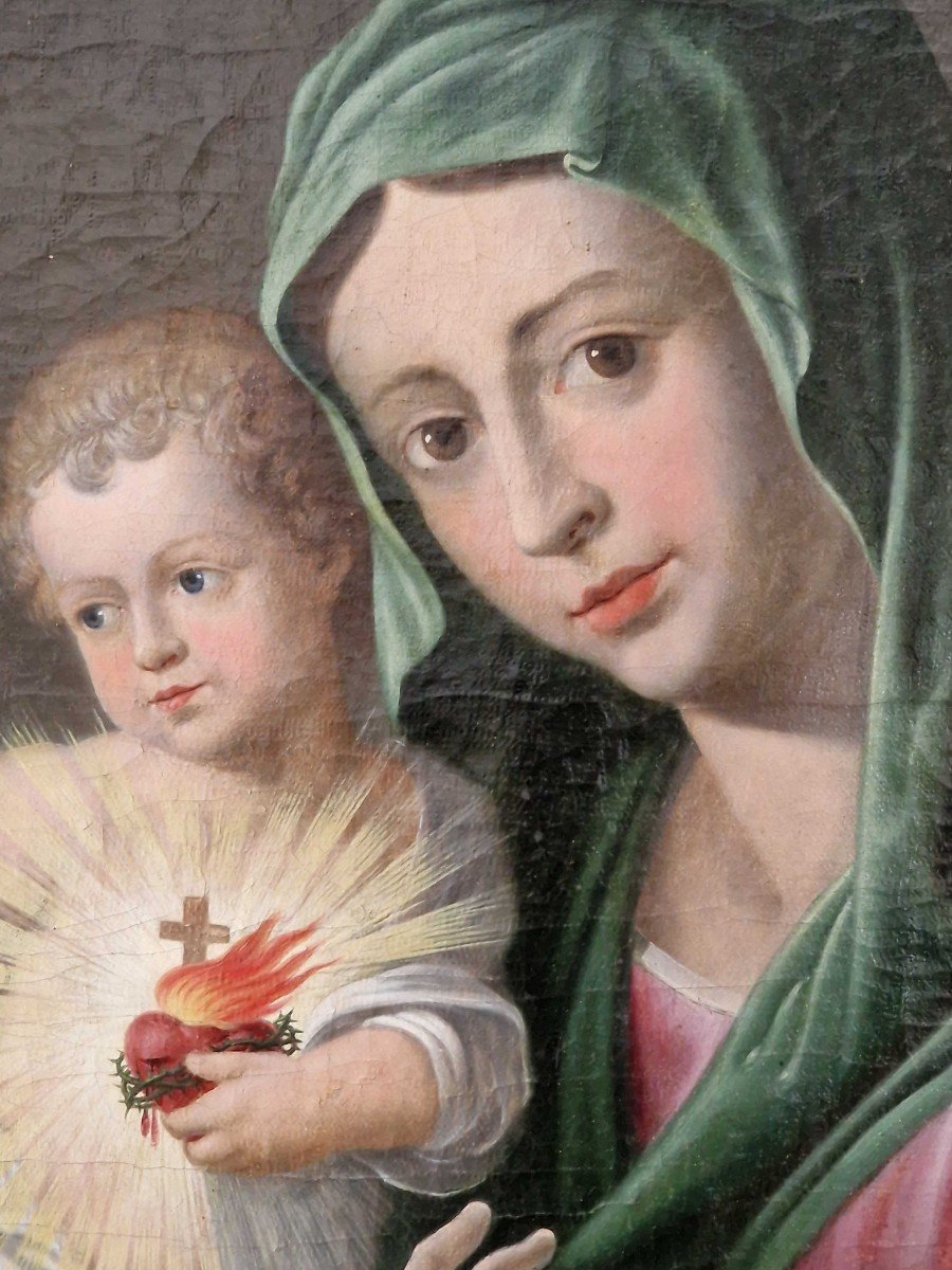 Vierge à l'Enfant, Peinture à l'Huile Sur Toile Du XIXe Siècle Naples-photo-2