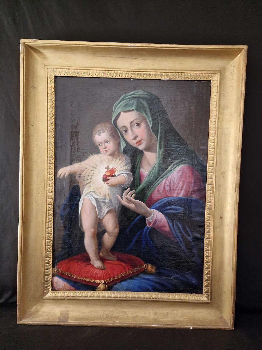 Vierge à l'Enfant, Peinture à l'Huile Sur Toile Du XIXe Siècle Naples-photo-3