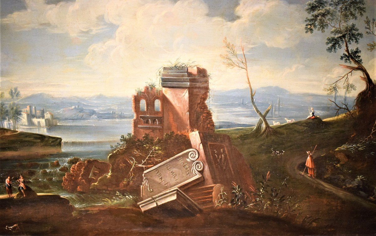 Paysage de lac avec Ruines et personnages  École vénitienne du 18ème -photo-3