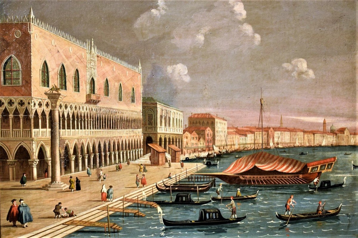 Venise, Palais Ducal et Riva degli Schiavoni - école  vénitienne du XIXe siècle