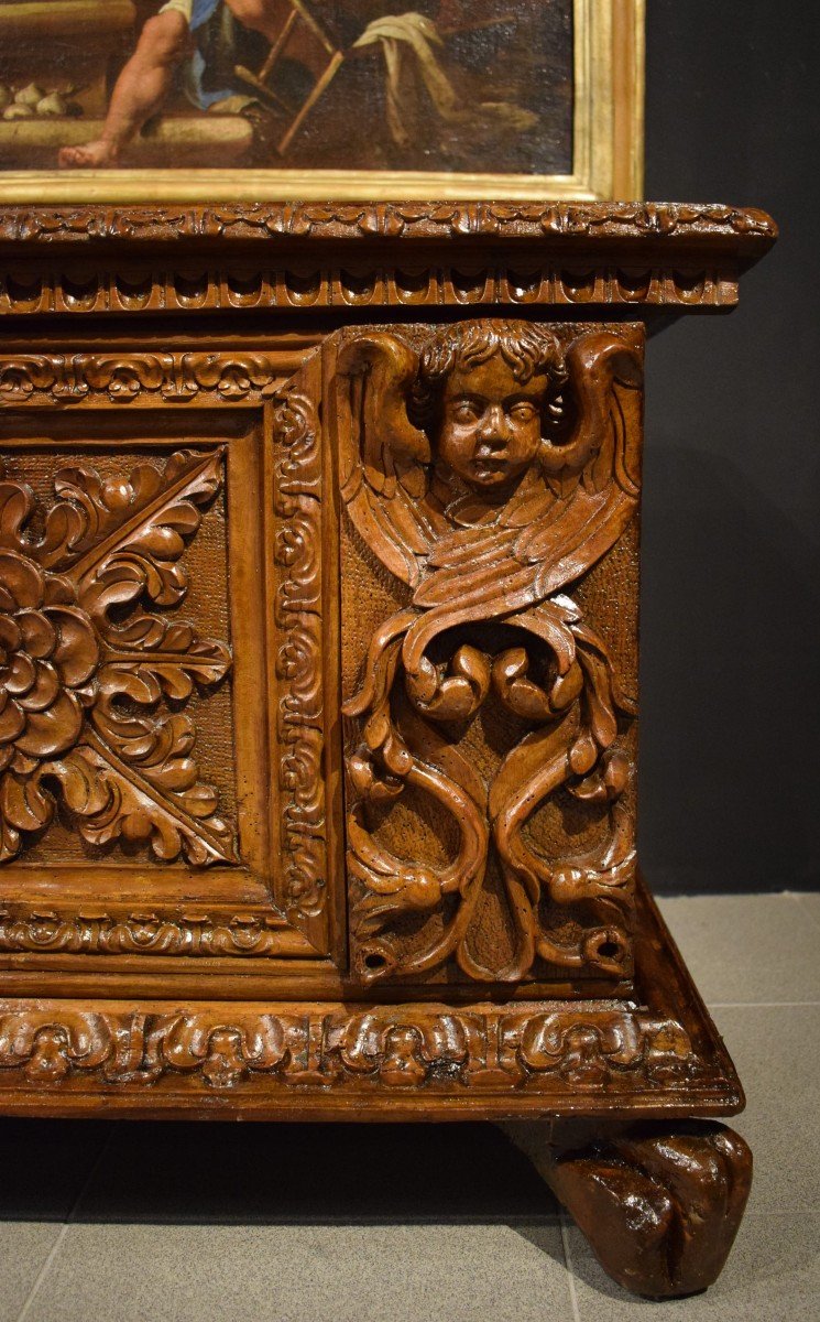 Noble Chest Renaissance In Carved Walnut - Lombardy 17th Century -photo-5