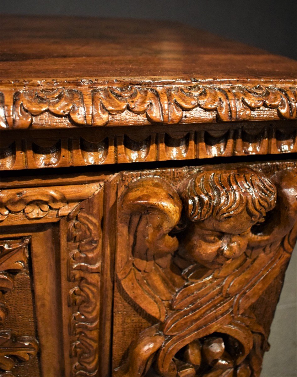 Noble Chest Renaissance In Carved Walnut - Lombardy 17th Century -photo-7