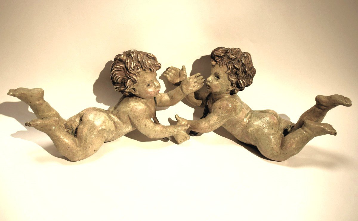 "pair Of Putti In Wood Polychrome"-photo-3