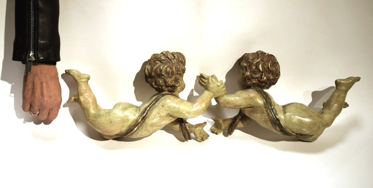 "pair Of Putti In Wood Polychrome"-photo-7