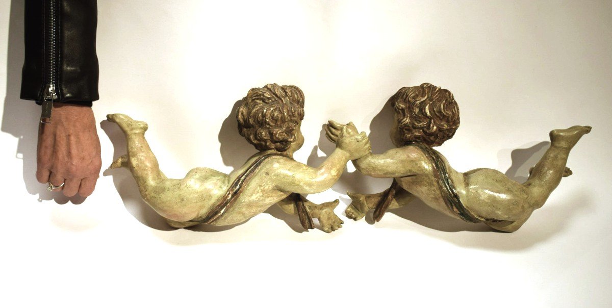 Paire de putti en bois polychrome   -photo-7