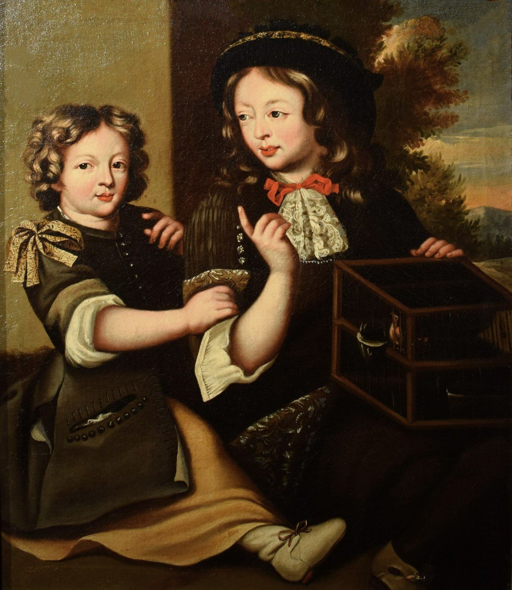 Portrait de deux enfant avec cage- Atelier de Pierre Mignard (1612-1695)-photo-2