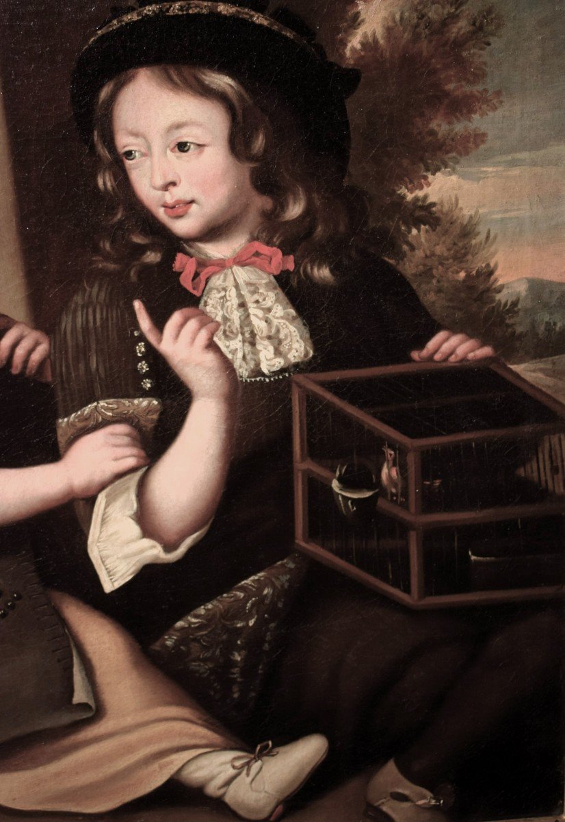 Children With Cage And Bird - Workshop Of Pierre Mignard  (troyes 1612 - Paris 1695)-photo-1