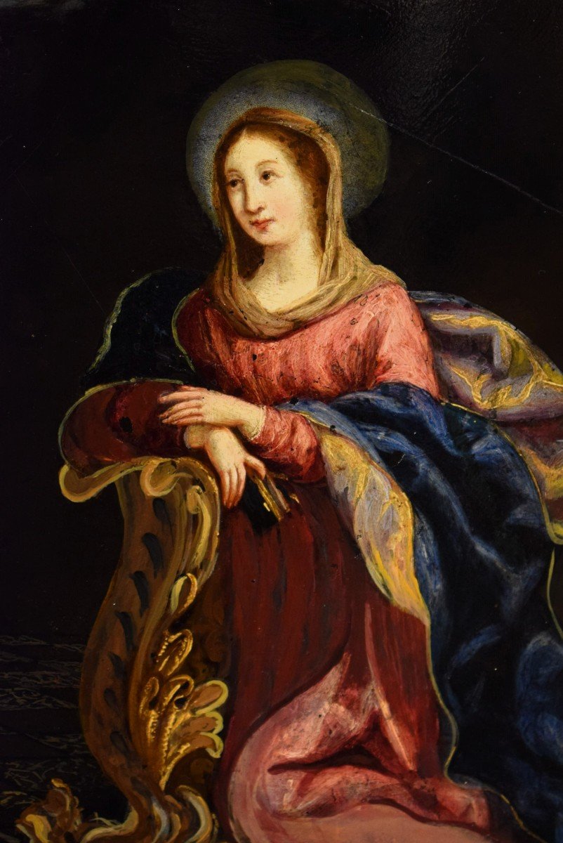 "annunciation" - Oil On Slate Plate - Verona, 18th Century-photo-2