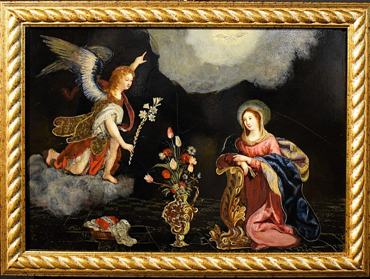"annunciation" - Oil On Slate Plate - Verona, 18th Century