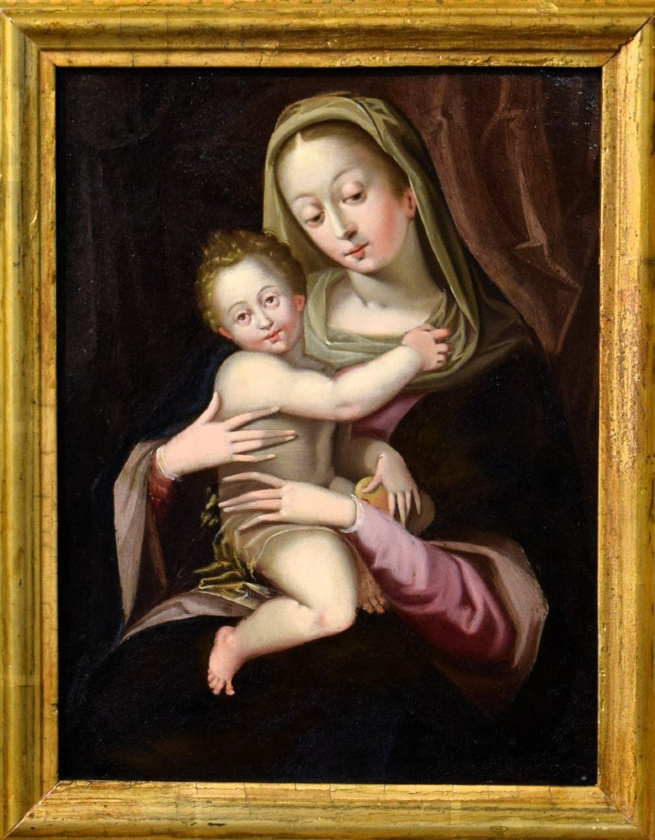 Vierge à l'Enfant - Maître flamand - Huile sur cuivre du 16ème siècle-photo-2