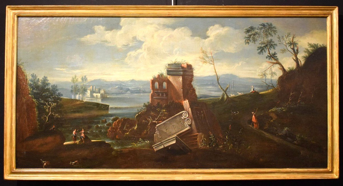 Antonio Diziani (venice 1737-1797) Workshop - Lake Landscape With Ruins And Figures