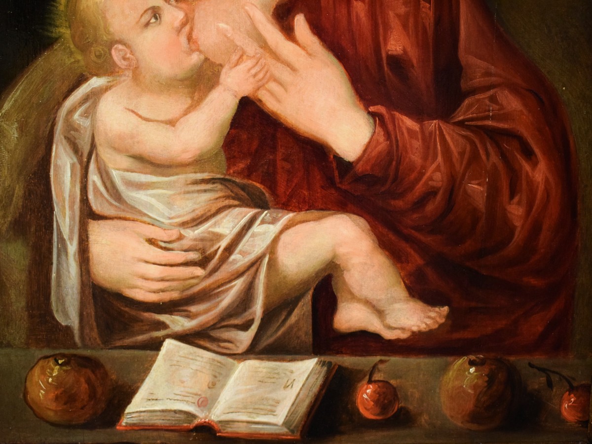 "virgo Lactans"  Oil On Panel  17th Century Artist-photo-4