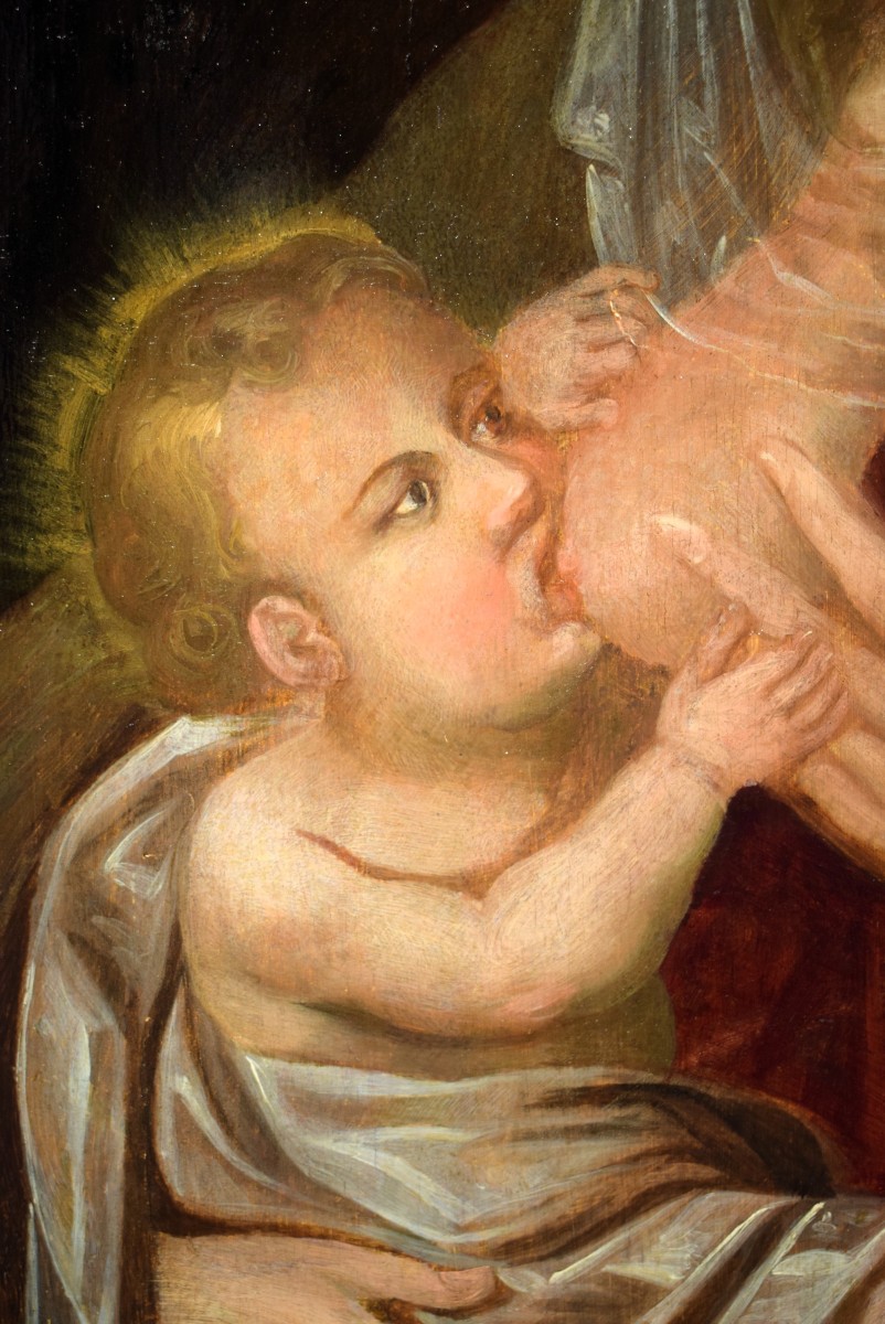 "virgo Lactans"  Oil On Panel  17th Century Artist-photo-3