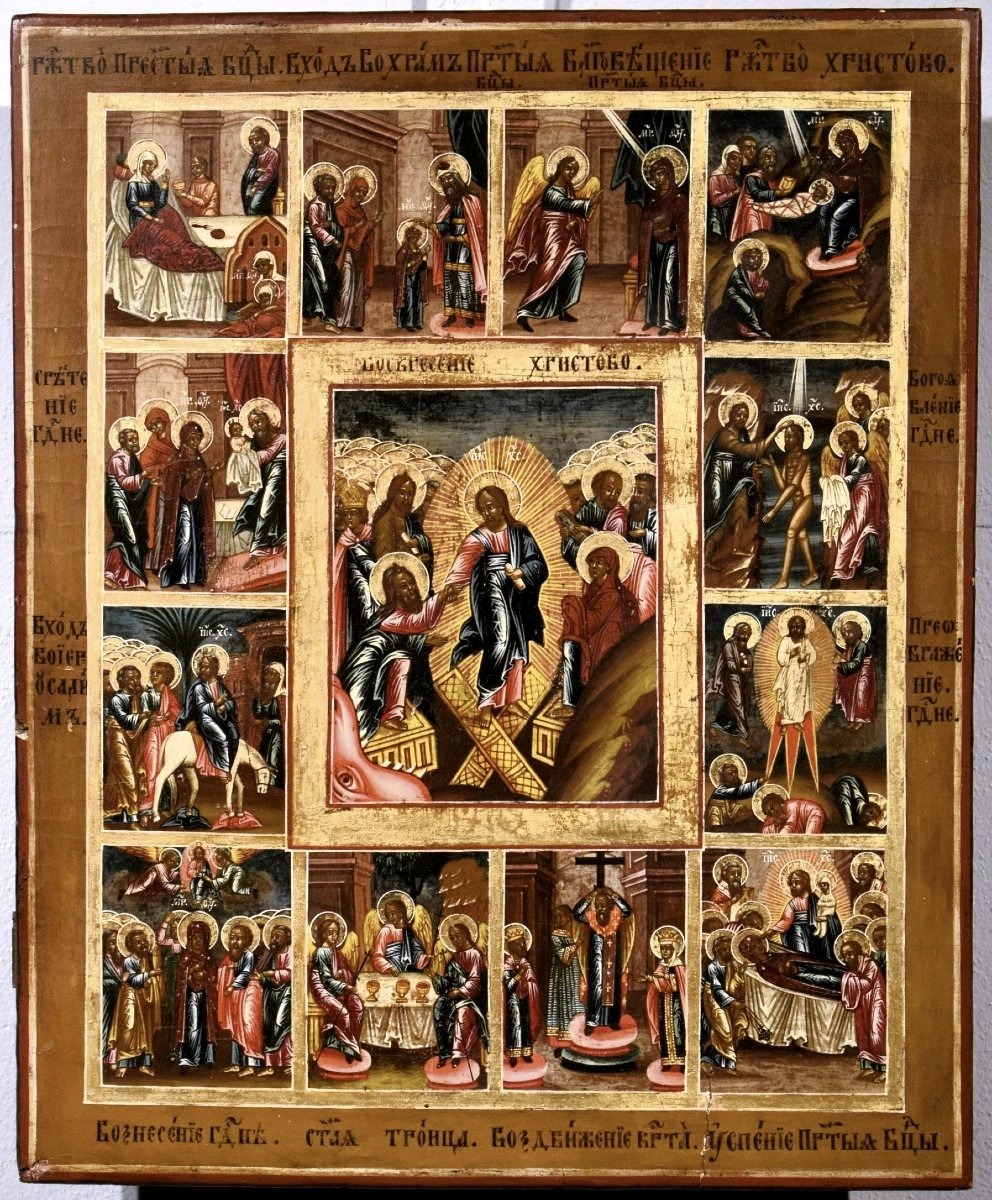 Grande Icône russe ancienne  "Les Douze Grandes Fêtes et la Descente aux Enfers"