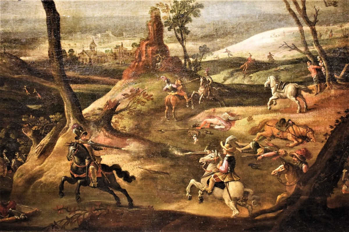 Assaut Du Village Avec Choc Des  Chevaliers - Maître Flamand, 17ème Siècle-photo-1