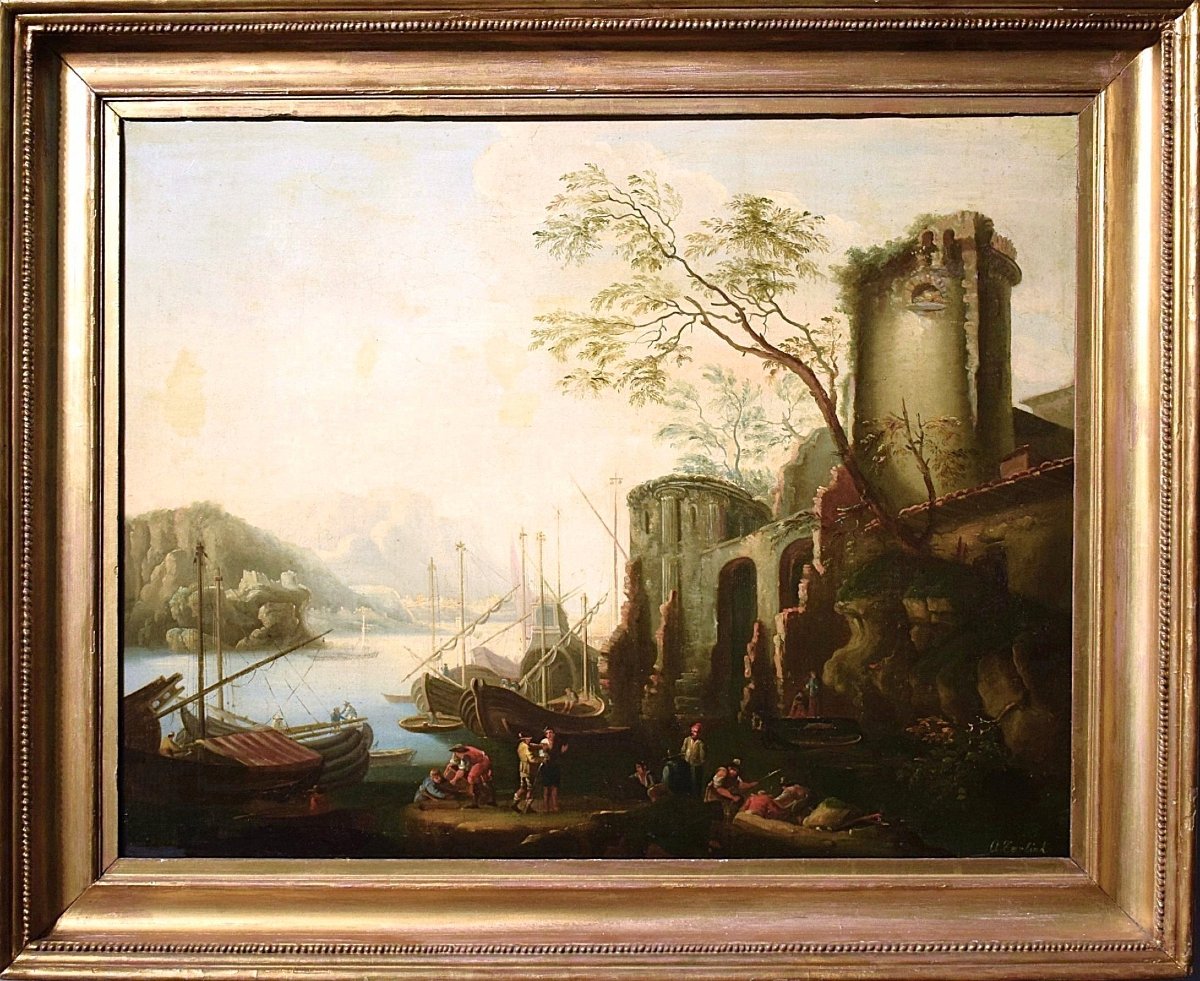 Paysage côtier avec scène portuaire et ruines - Abraham Teerlink  (1776 - 1857) Signé-photo-2