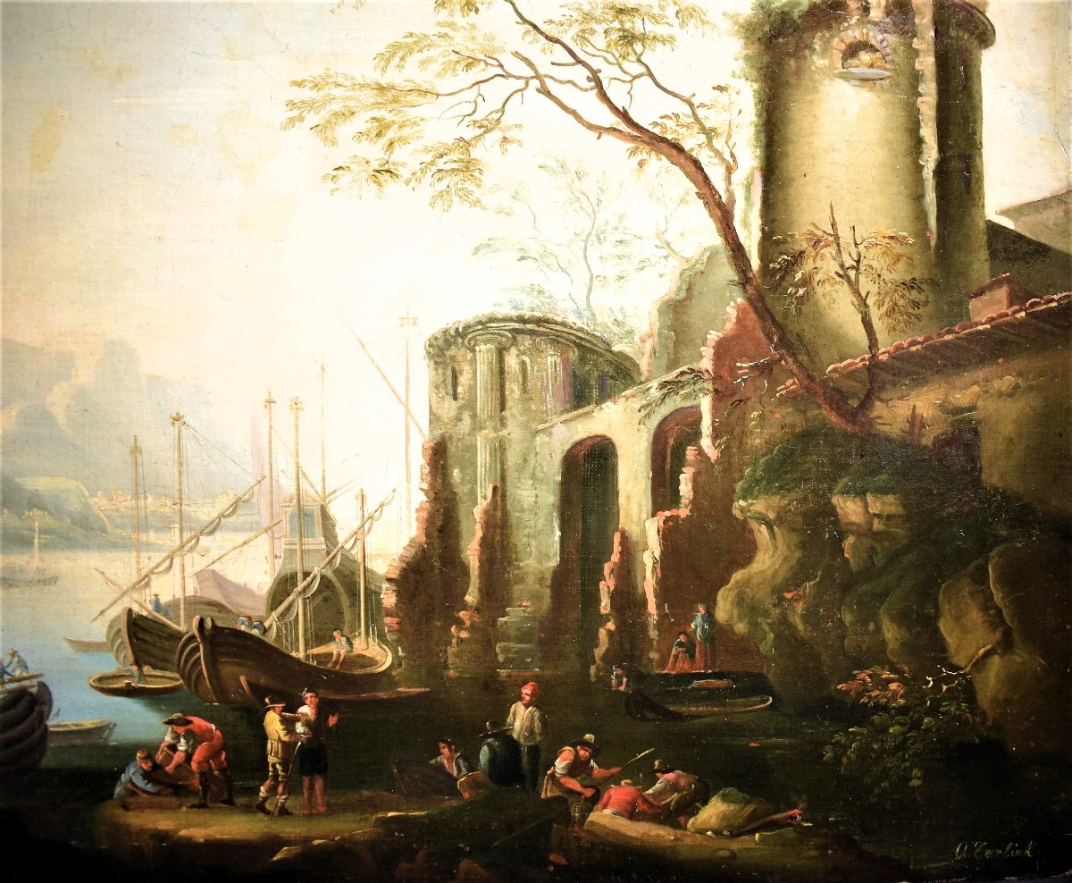 Paysage côtier avec scène portuaire et ruines - Abraham Teerlink  (1776 - 1857) Signé-photo-3