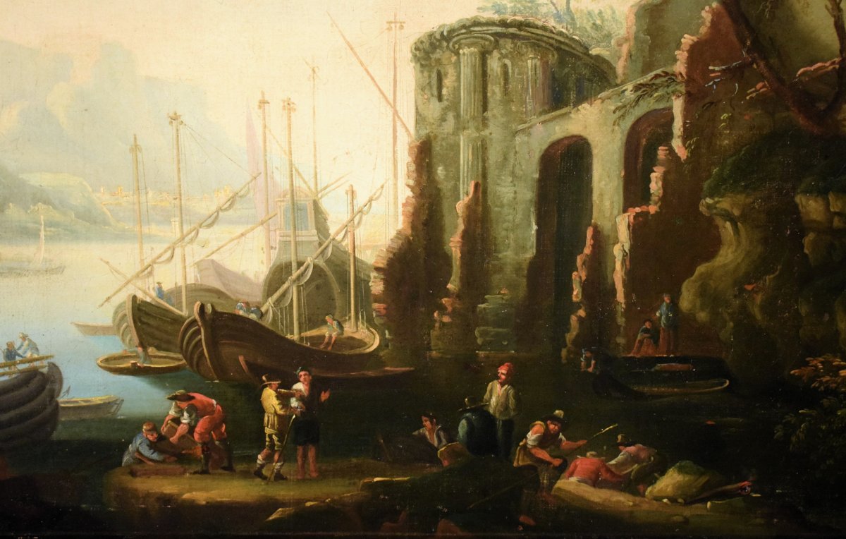Paysage côtier avec scène portuaire et ruines - Abraham Teerlink  (1776 - 1857) Signé-photo-4