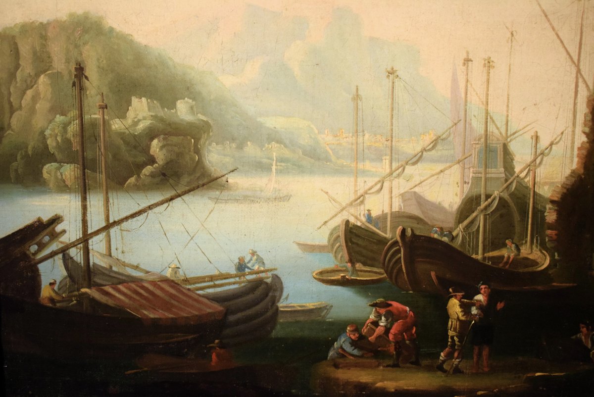 Paysage côtier avec scène portuaire et ruines - Abraham Teerlink  (1776 - 1857) Signé-photo-1