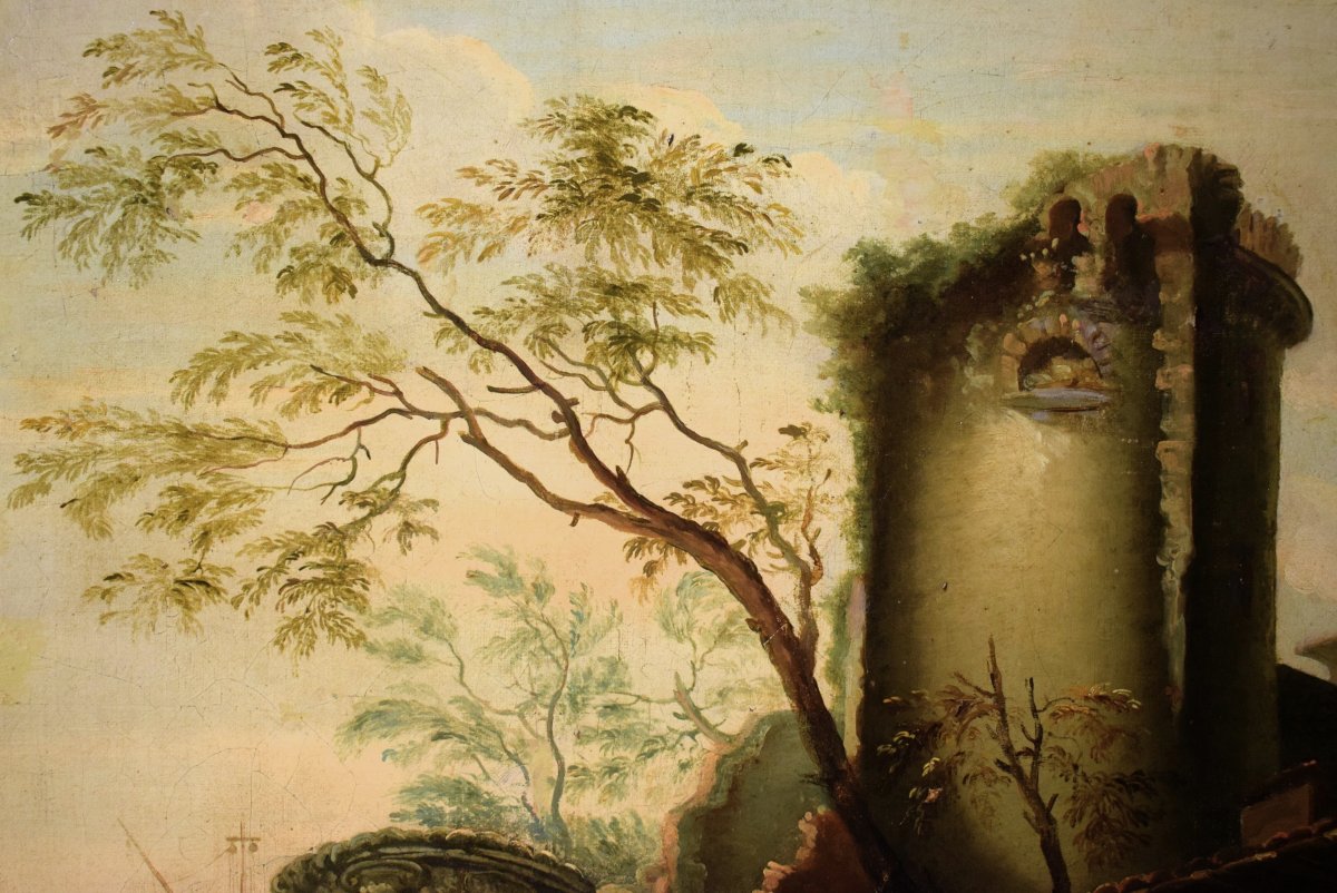 Paysage côtier avec scène portuaire et ruines - Abraham Teerlink  (1776 - 1857) Signé-photo-2