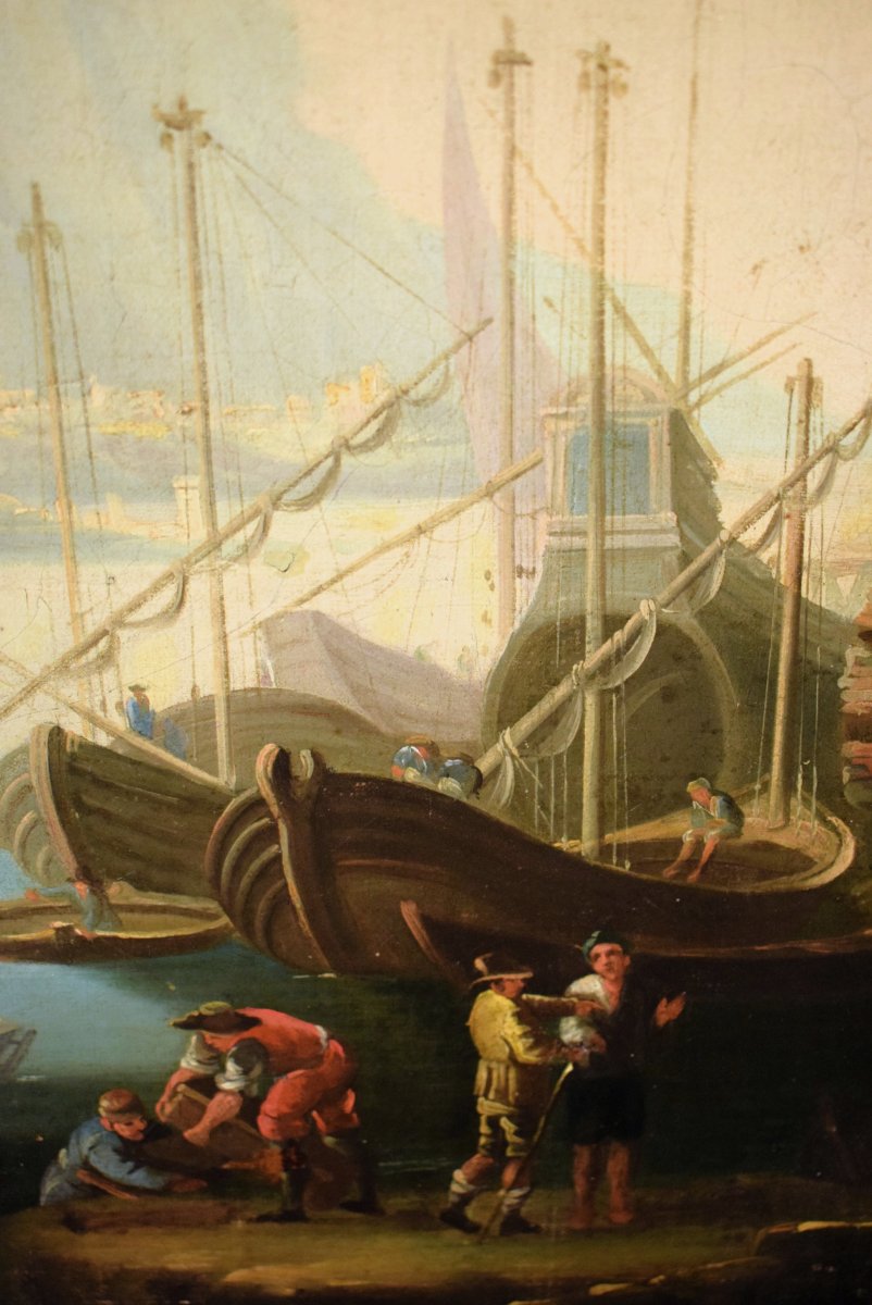 Paysage côtier avec scène portuaire et ruines - Abraham Teerlink  (1776 - 1857) Signé-photo-3