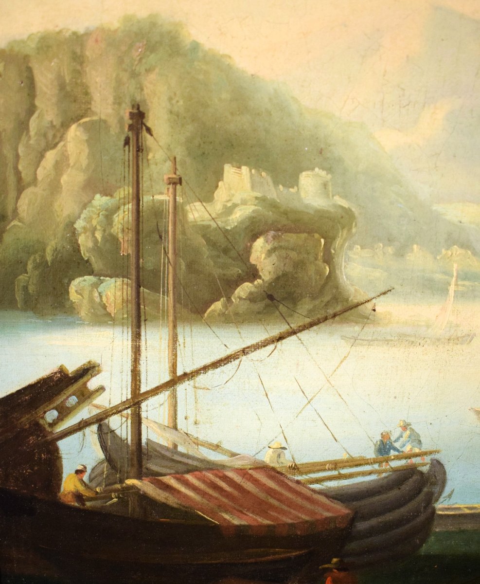 Paysage côtier avec scène portuaire et ruines - Abraham Teerlink  (1776 - 1857) Signé-photo-5