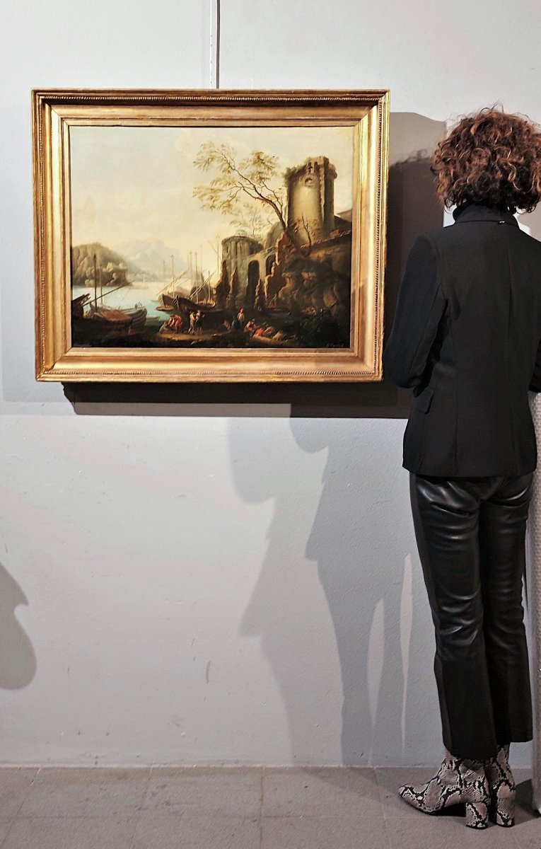 Paysage côtier avec scène portuaire et ruines - Abraham Teerlink  (1776 - 1857) Signé-photo-7