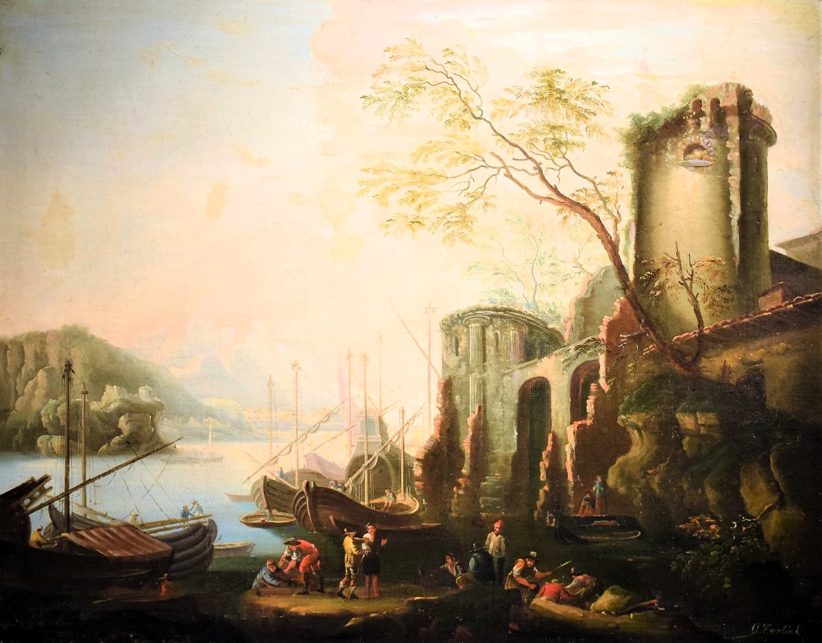 Paysage côtier avec scène portuaire et ruines - Abraham Teerlink  (1776 - 1857) Signé