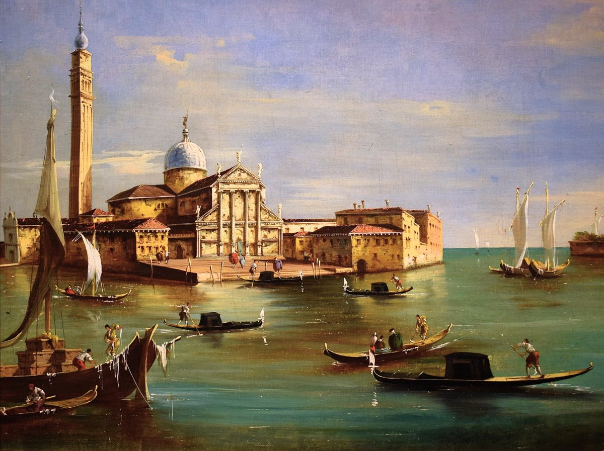 Venise, l'île de San Giorgio - école de Francesco Guardi - XIXe siècle-photo-3