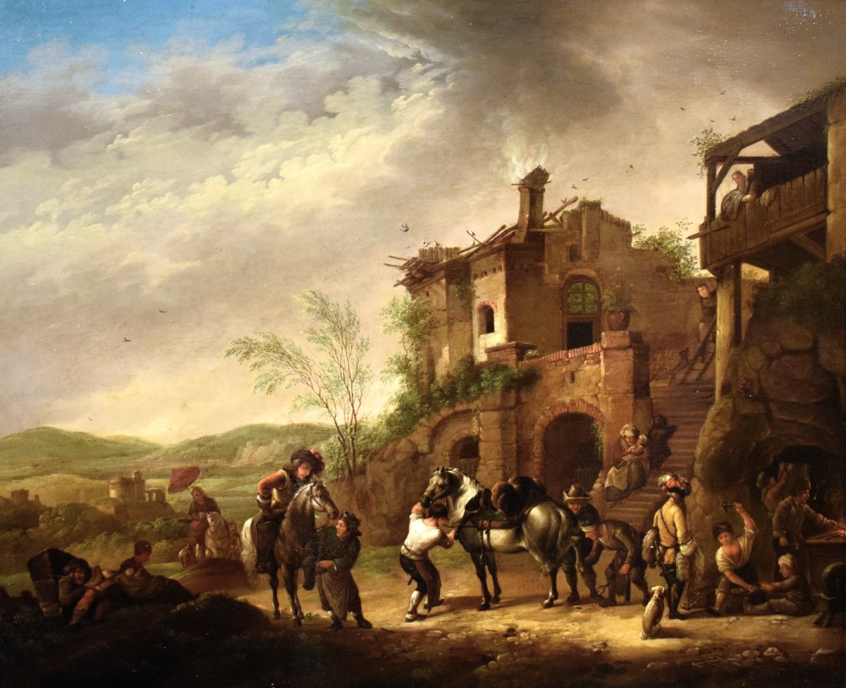 Halte de cavaliers au village  - Maître flamand  - Milieu du XIX siècle-photo-2