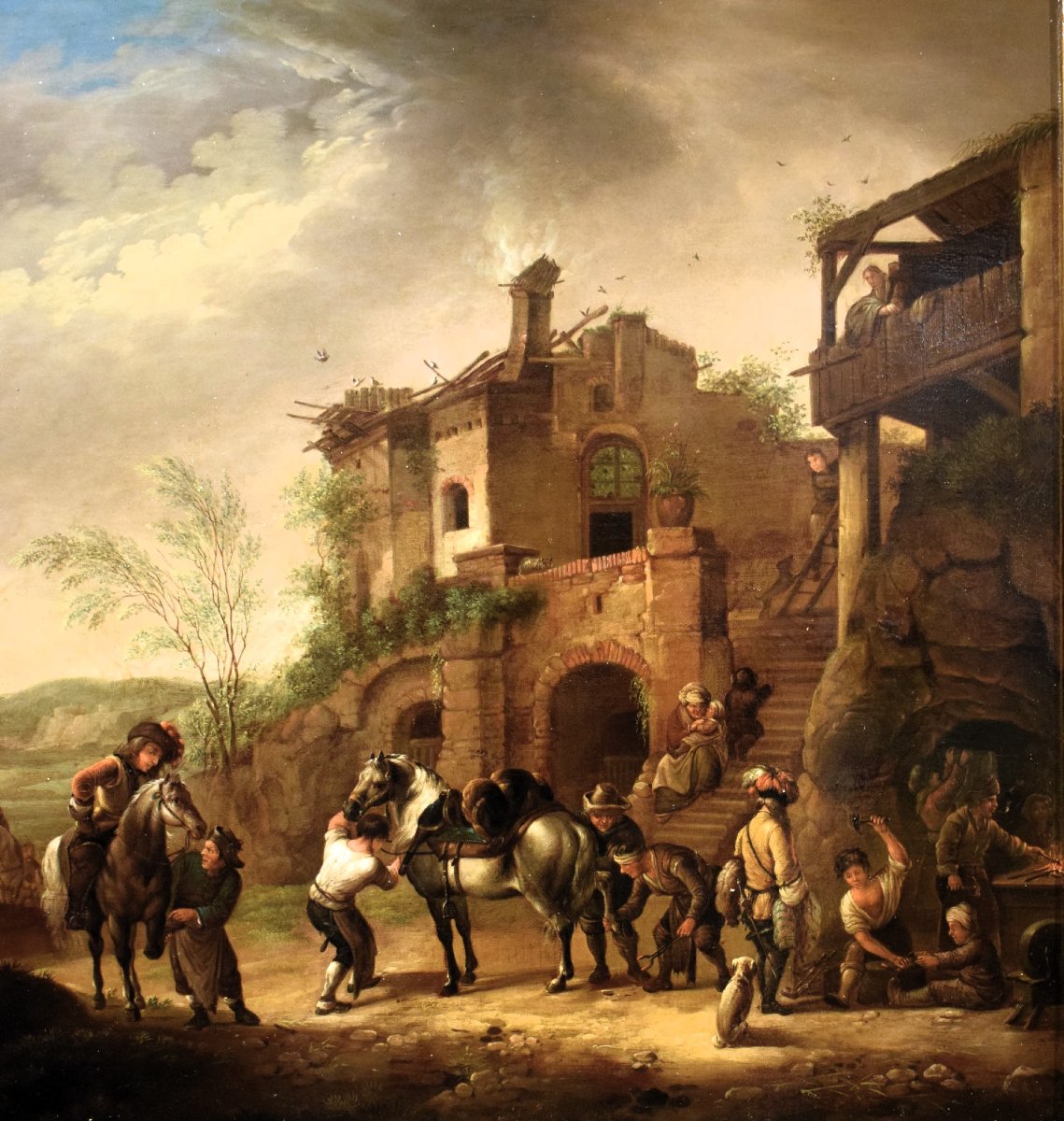Halte de cavaliers au village  - Maître flamand  - Milieu du XIX siècle-photo-4