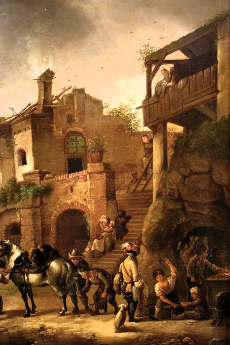 Halte de cavaliers au village  - Maître flamand  - Milieu du XIX siècle-photo-1
