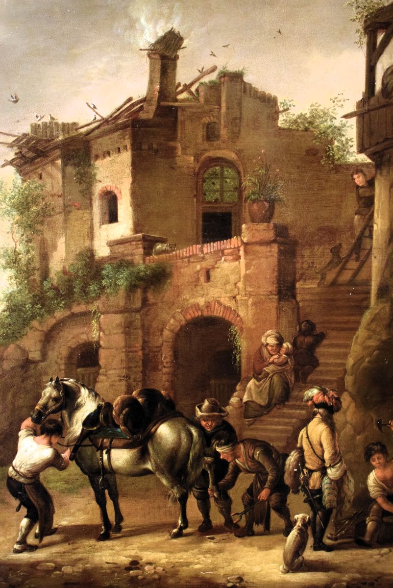 Halte de cavaliers au village  - Maître flamand  - Milieu du XIX siècle-photo-2