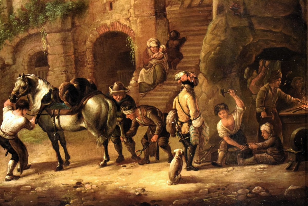 Halte de cavaliers au village  - Maître flamand  - Milieu du XIX siècle-photo-3
