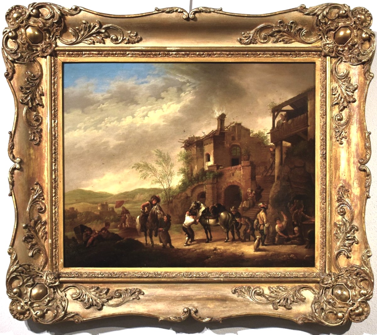 Halte de cavaliers au village  - Maître flamand  - Milieu du XIX siècle