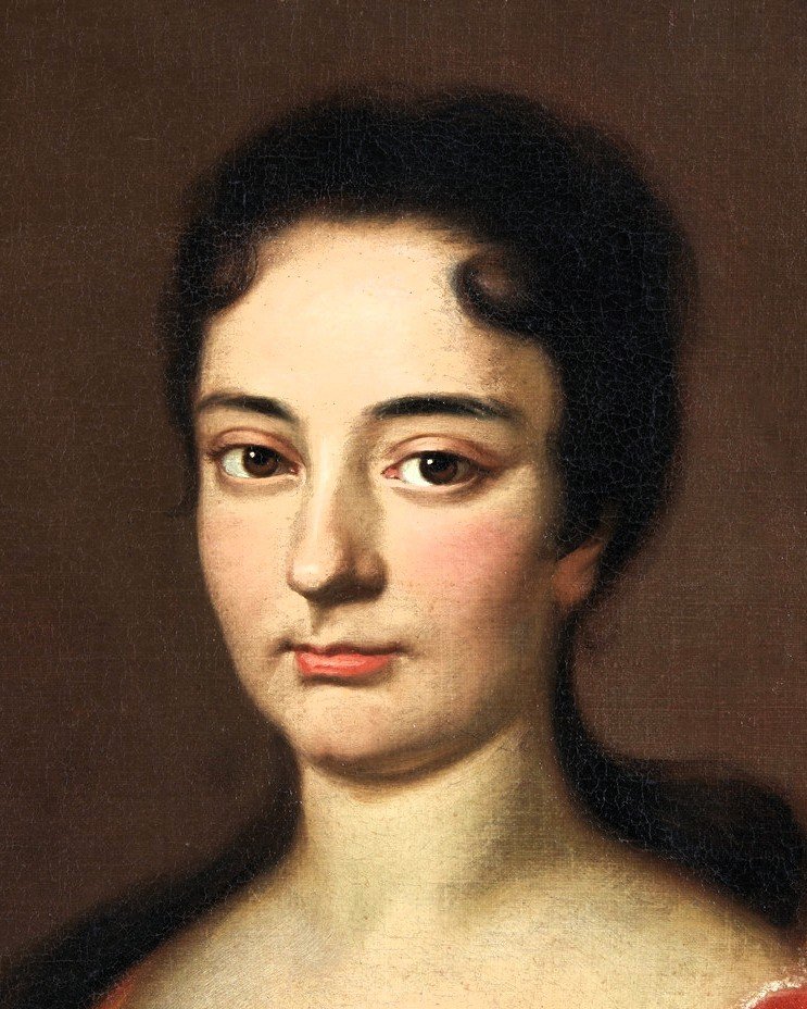  Portrait d'une jeune dame en robe rouge» - Johann Rudolf Huber (Bâle, 1668 -1748) Signé -photo-1