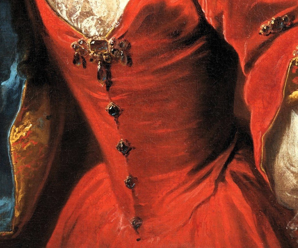  Portrait d'une jeune dame en robe rouge» - Johann Rudolf Huber (Bâle, 1668 -1748) Signé -photo-2