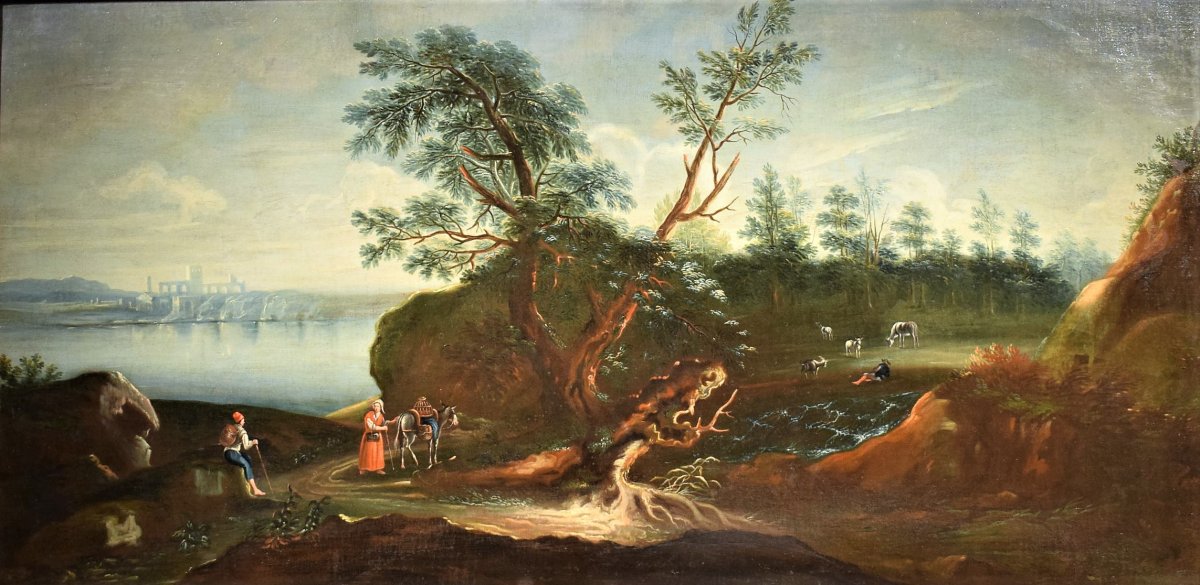 Large Lake Landscape With Wood And Characters, 18th Century Venetian School-photo-2