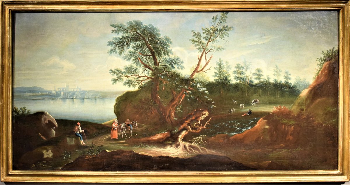 Large Lake Landscape With Wood And Characters, 18th Century Venetian School
