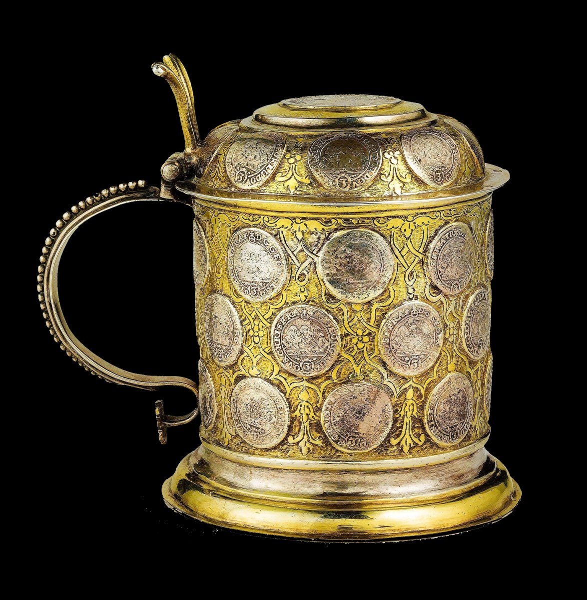 Tankard In Golden Silver, Decorated With 28 Ancient Thalers Of Saxony Silver.